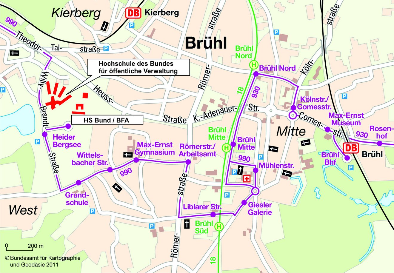 Anfahrtsskizze zur Hochschule des Bundes f&uuml;r &ouml;ffentliche Verwaltung Zentralbereich und Fachbereich Allgemeine Innere Verwaltung in Br&uuml;hl mit &ouml;ffentlichen Verkehrsmitteln