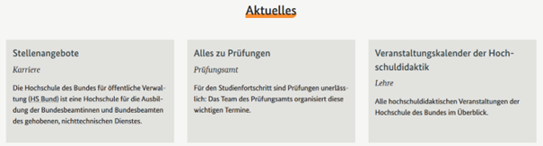 Aktuelles-Meldungen: Stellenangebote, Alles zu Prüfungen, Veranstaltungskalender der Hochschuldidaktik