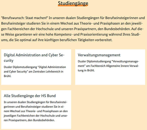 Studiengänge: Digital Administration and Cyber Security, Verwaltungsmanagement, Alle Studiengänge der HS Bund
