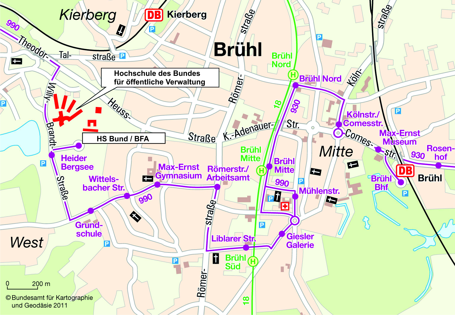 Anfahrtsskizze zur Hochschule des Bundes f&uuml;r &ouml;ffentliche Verwaltung Zentralbereich und Fachbereich Allgemeine Innere Verwaltung in Br&uuml;hl mit &ouml;ffentlichen Verkehrsmitteln
