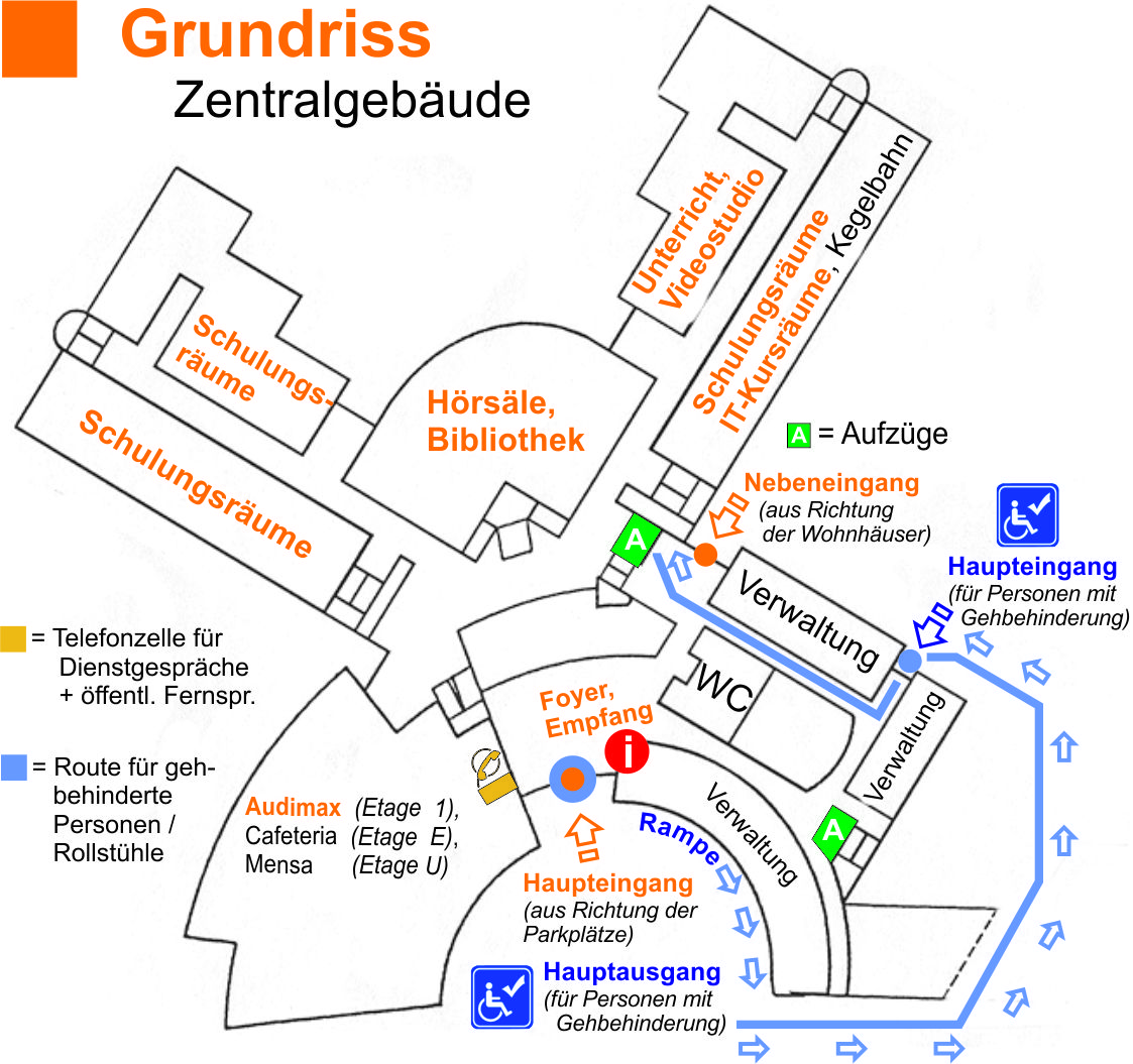 Grundriss Zentralgeb&auml;ude einschlie&szlig;lich Route f&uuml;r gehbehinderte Personen und Rollstuhlnutzer/-innen