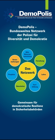 DemoPolis - Bundesweites Netzwerk der Polizei f&uuml;r Diversit&auml;t und Demokratie, Das Netzwerk, Schrift und Kreise auf blauem Hintergrund