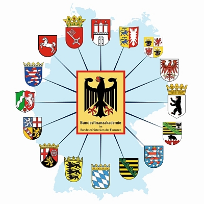 Flaggen der 16 Bundesl&auml;nder und im Hintergrund eine Deutschlandkarte.